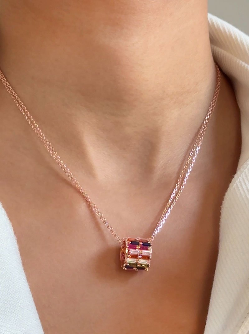 Rainbow Baguette Roll Pendant Chain (Pure Silver) - Rose Gold